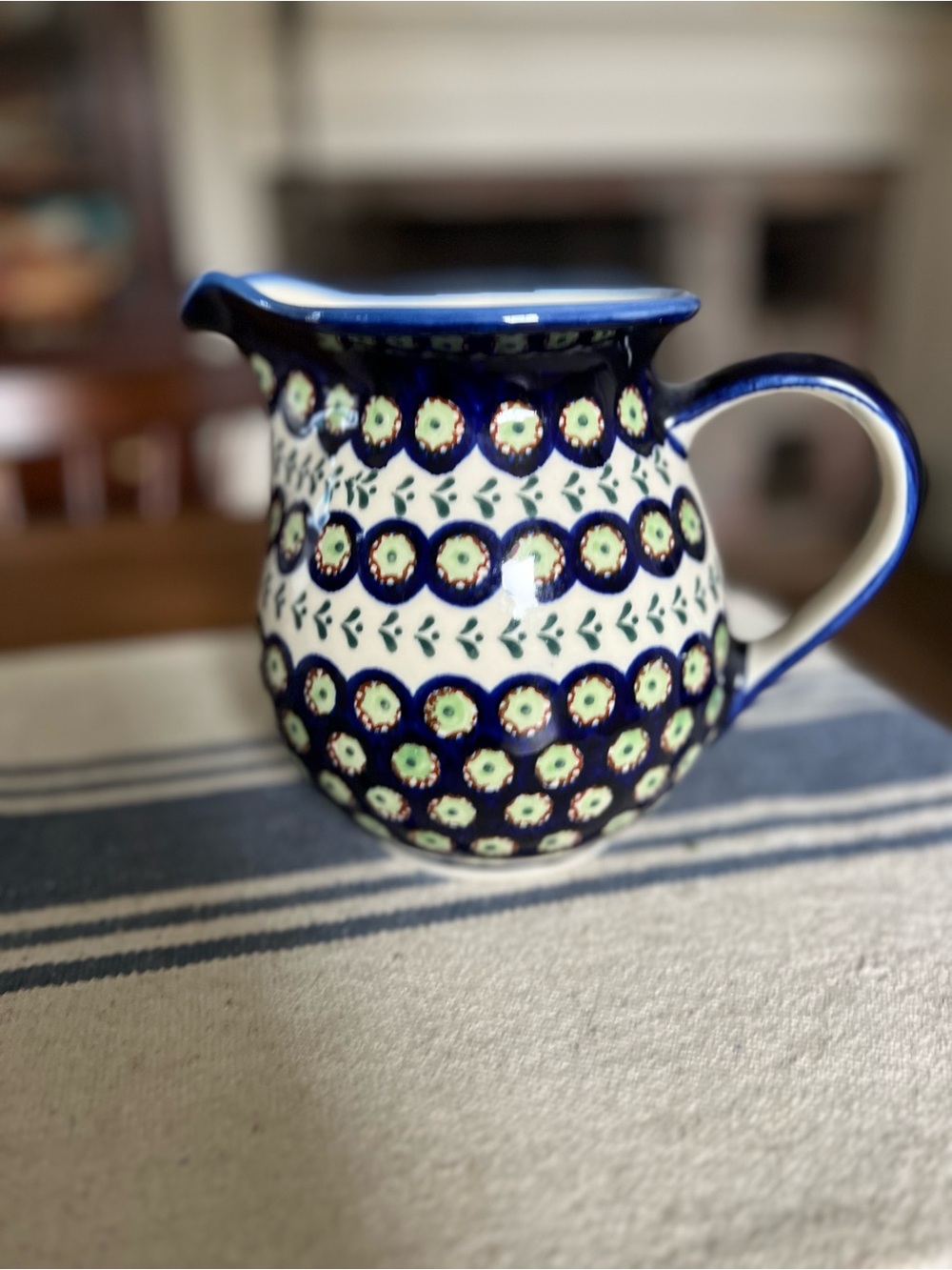 Boleslawiec Polish Pottery Pitcher 6.5” Hand Painted Peacock Eye Leaf Vase - Picture 2 of 7